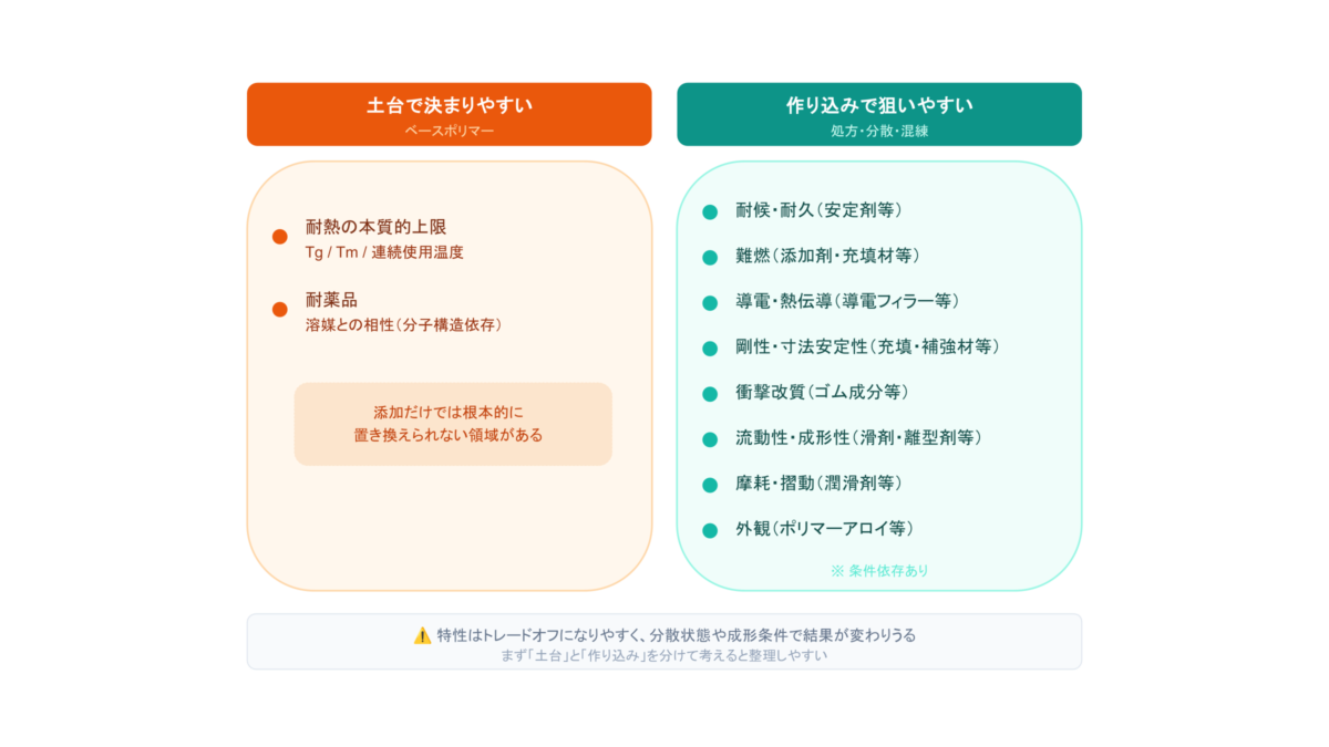 コンパウンドで変えやすい特性と、ベースポリマー依存で変えにくい特性の比較