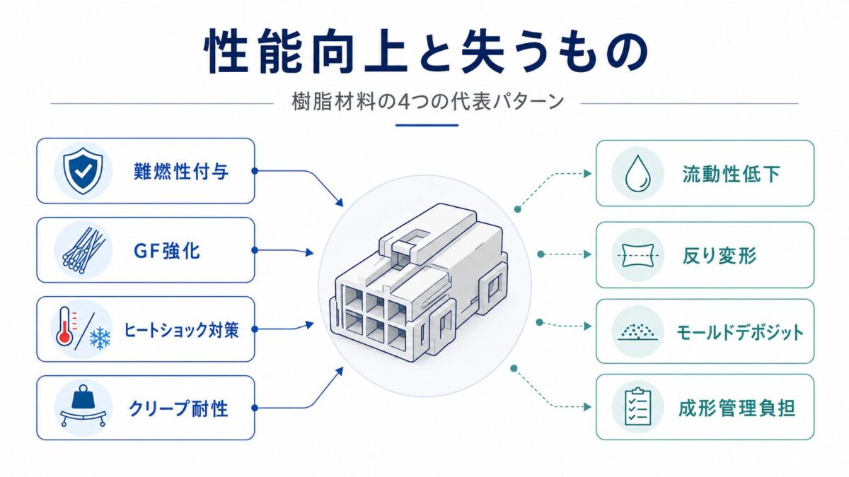 エンプラの性能向上と失うものを示す4パターンのトレードオフ概念図、構成説明=難燃性付与・GF強化・ヒートショック対策・クリープ対策の4パターンを視覚的に示すサムネイル画像。記事の横断整理の内容を象徴するビジュアルとして使用。