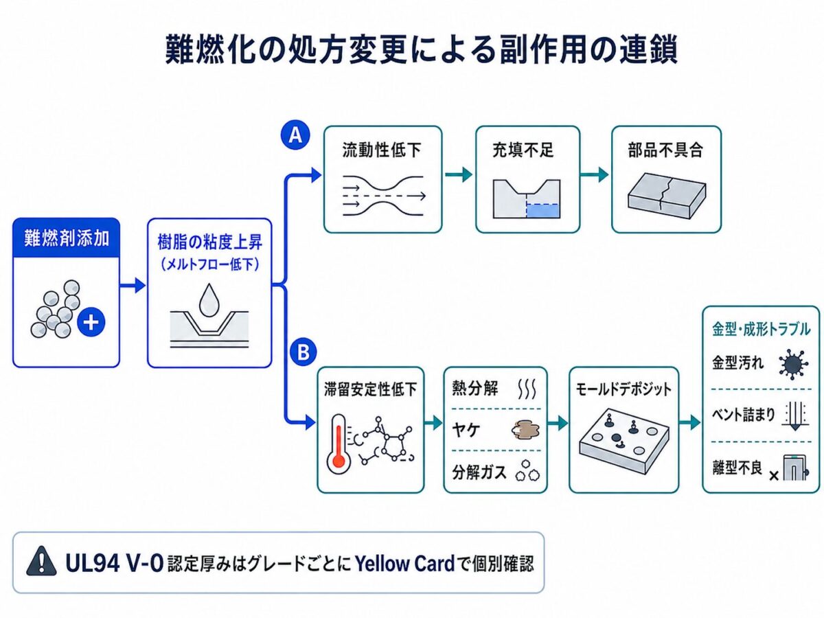 難燃剤添加から始まる処方変更が、流動性低下による充填不足と、滞留安定性低下による熱分解・モールドデポジットへ分岐する因果連鎖のフロー図