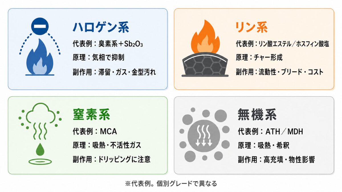難燃剤系統別の特徴カード。ハロゲン系・リン系・窒素系・無機系の原理と、流動性低下・モールドデポジット・ドリッピングなどの副作用を比較。