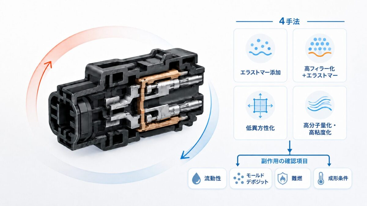 耐ヒートショックグレードの4つの手法と副作用確認項目を示した概念図