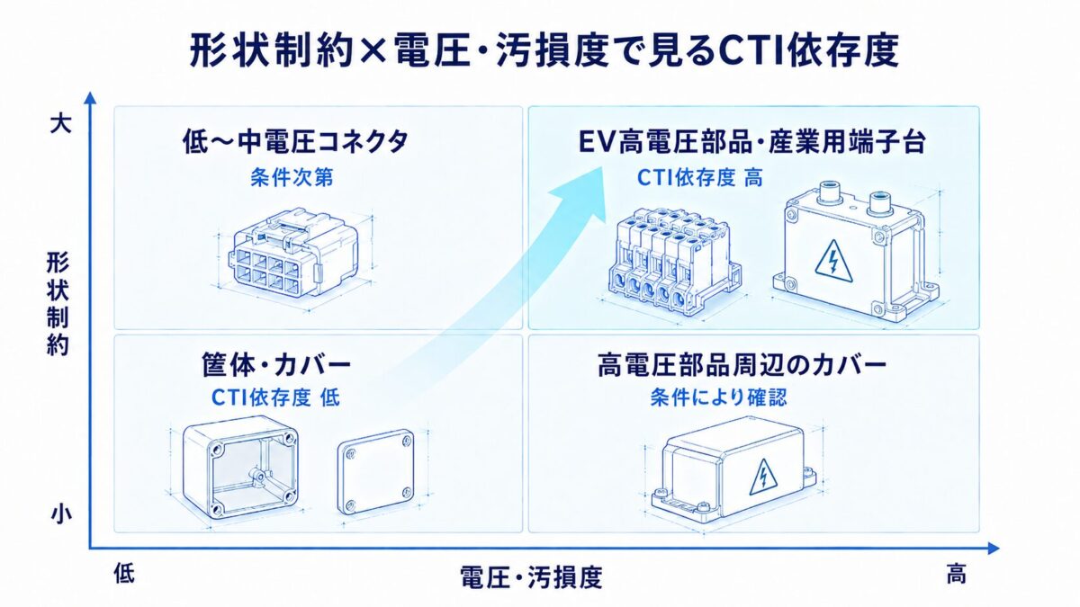 形状制約と動作電圧・汚損度の2軸でCTI依存度を整理した概念図