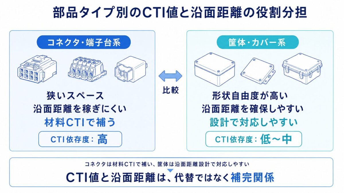 コネクタと筐体でCTI値と沿面距離設計の役割分担が異なることを示した概念図