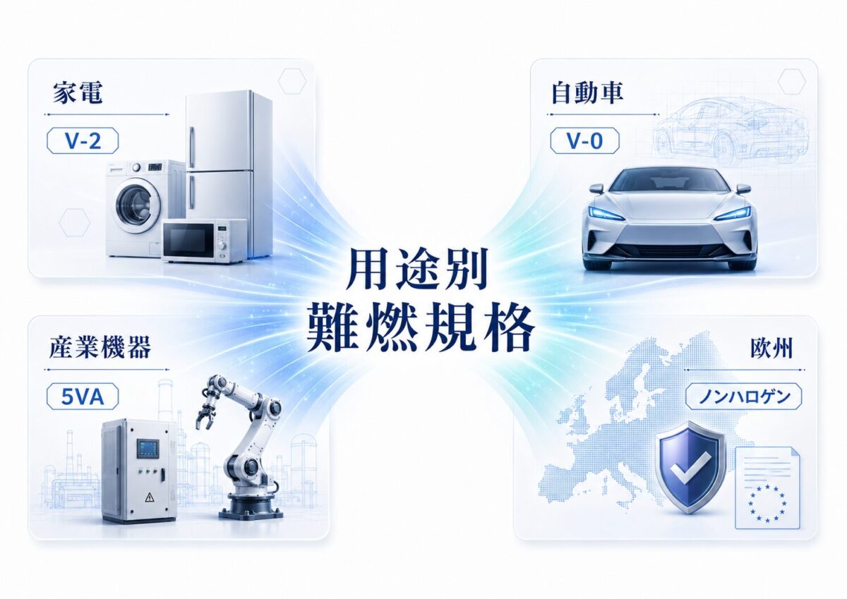 4つの用途領域(家電・自動車・産業機器/配電盤・欧州ノンハロ)と難燃規格(V-0・5VA・グローワイヤー・ノンハロゲン)の対応関係を象徴する概念図
