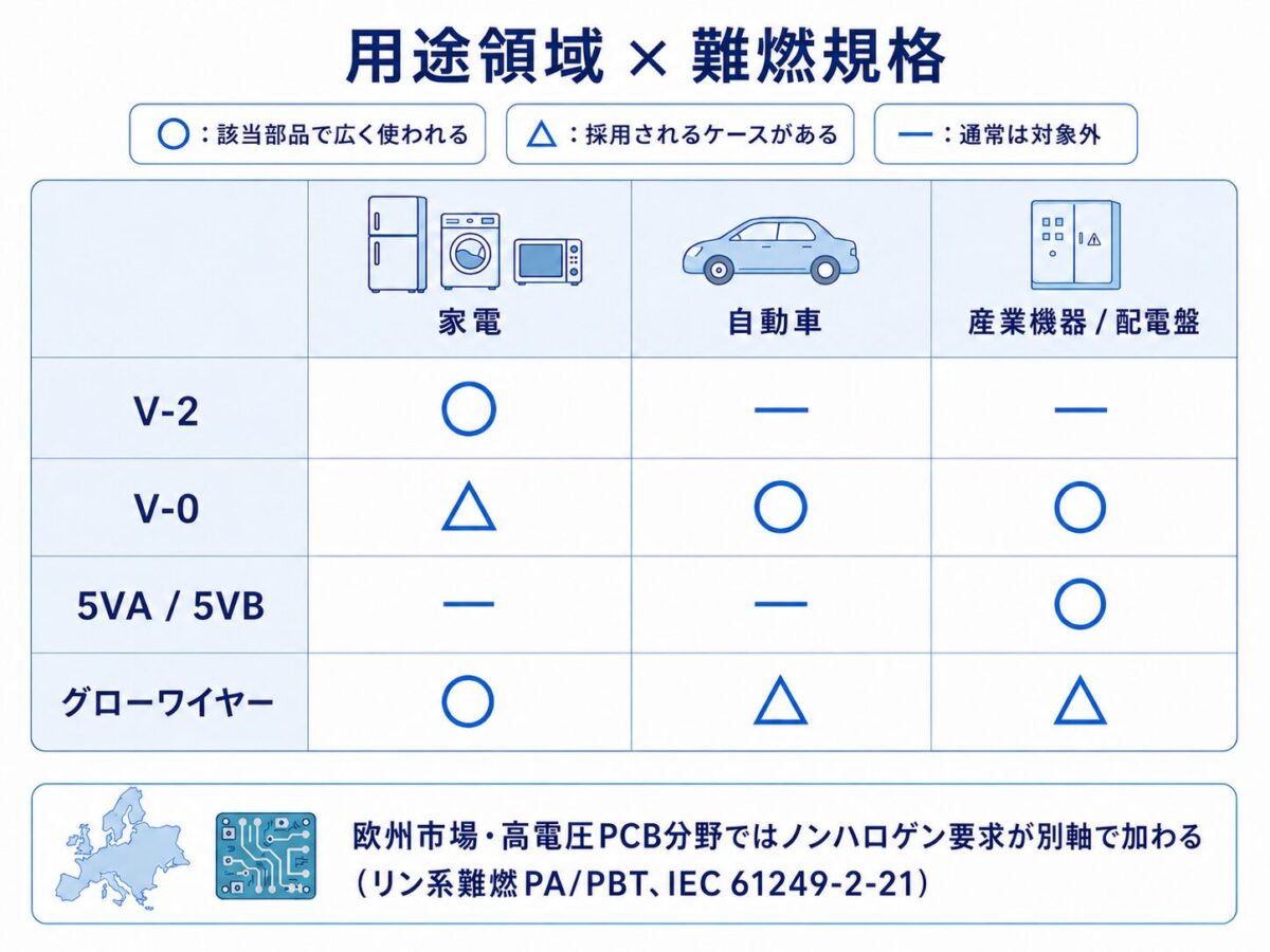 用途領域(家電・自動車・産業機器/配電盤)と難燃規格(V-2・V-0・5VA/5VB・グローワイヤー)の対応マトリクス。図の下部に欧州市場・PCB高電圧分野でのノンハロゲン要求を注記として併記