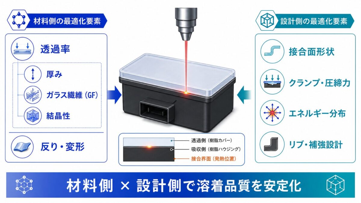 レーザー透過溶着の品質は、材料側と設計側の両方で決まることを示す概念図。中央に透明カバーと黒色ハウジングの接合部へレーザーを照射する模式図を置き、左に材料側の最適化要素として透過率、その因子である厚み・ガラス繊維（GF）・結晶性、および反り・変形を示し、右に設計側の最適化要素として接合面形状、クランプ・圧締力、エネルギー分布、リブ・補強設計を示している。