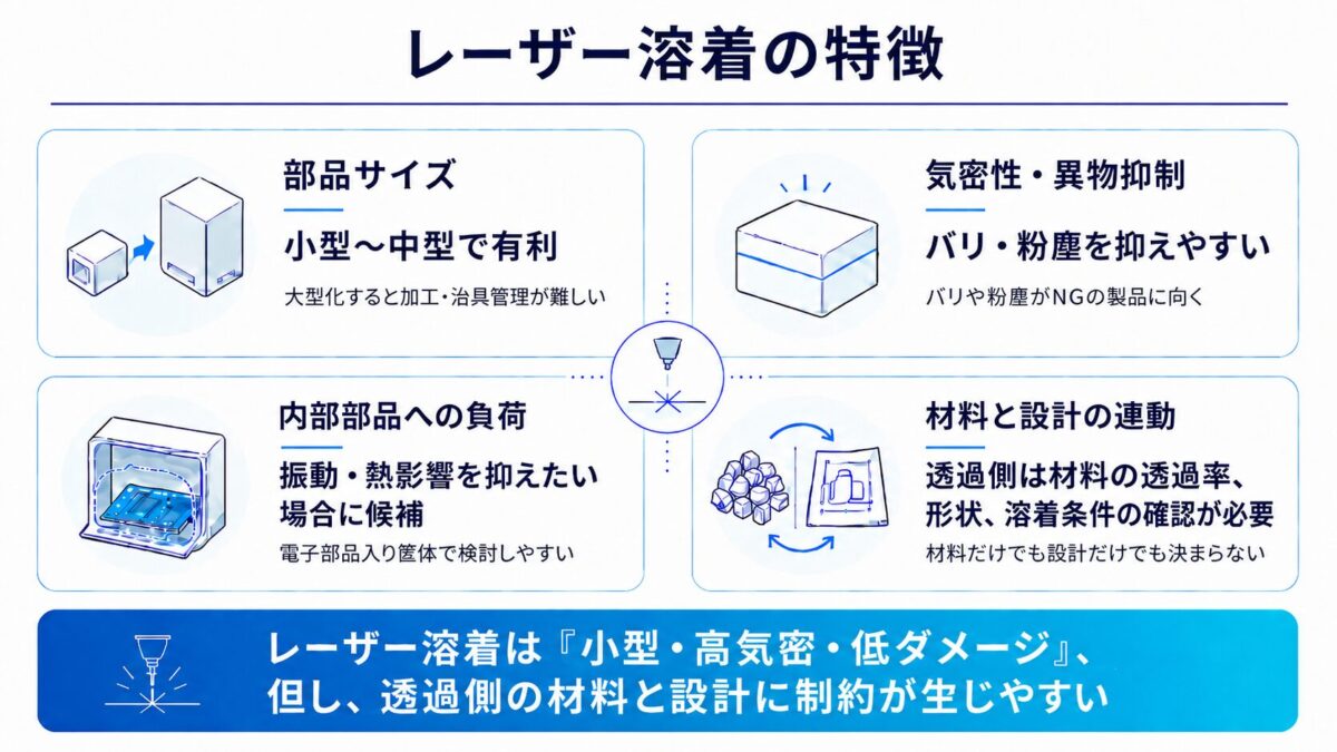 レーザー溶着の特徴を4つの観点で整理した図。小型〜中型部品で有利、気密性と異物抑制に向く、内部部品への振動・熱影響を抑えたい場合に候補になる、さらに透過側では材料の透過率・形状・溶着条件の確認が必要で、材料と設計を連動して検討する必要があることを示している。