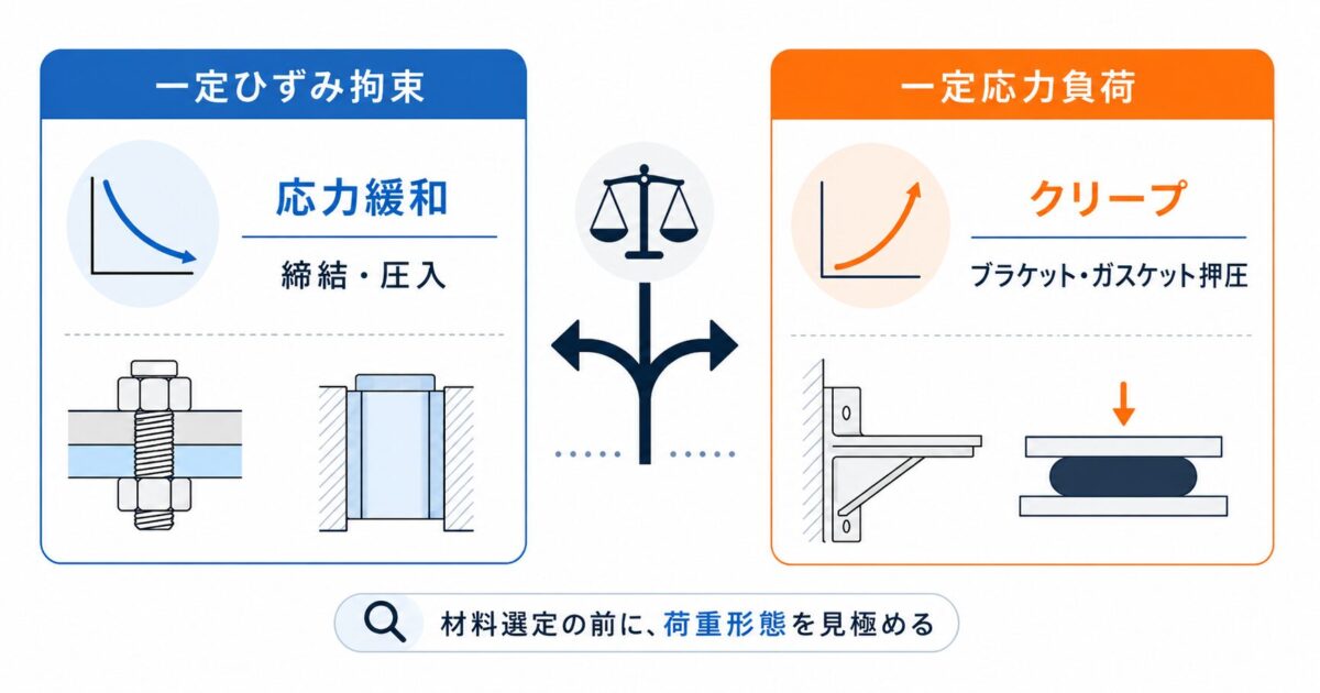クリープ対策では、一定ひずみ拘束と一定応力負荷で確認すべき現象が変わることを示すアイキャッチ