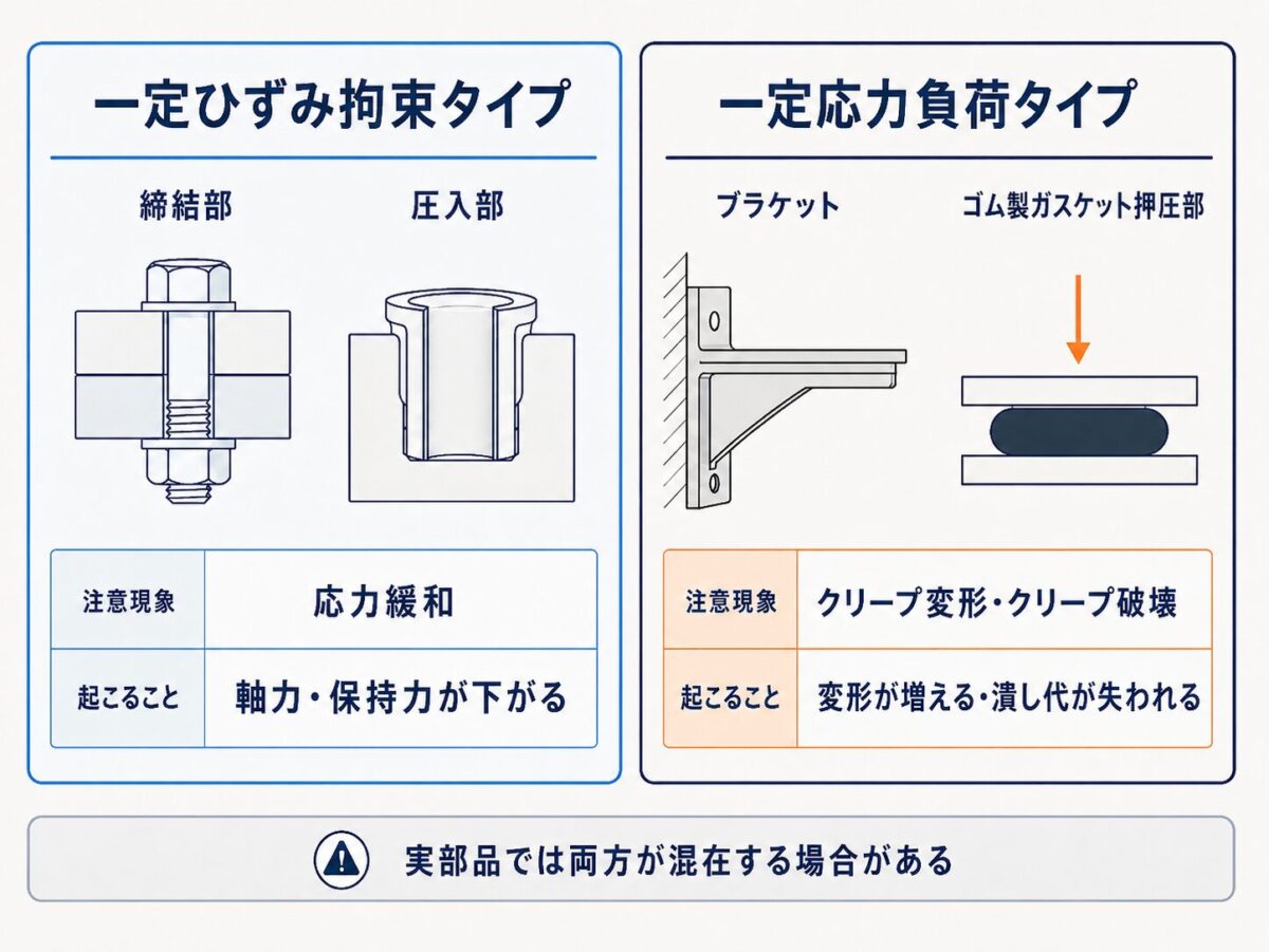 締結部・圧入部を一定ひずみ拘束タイプ、ブラケット・ゴム製ガスケット押圧部を一定応力負荷タイプとして整理した図