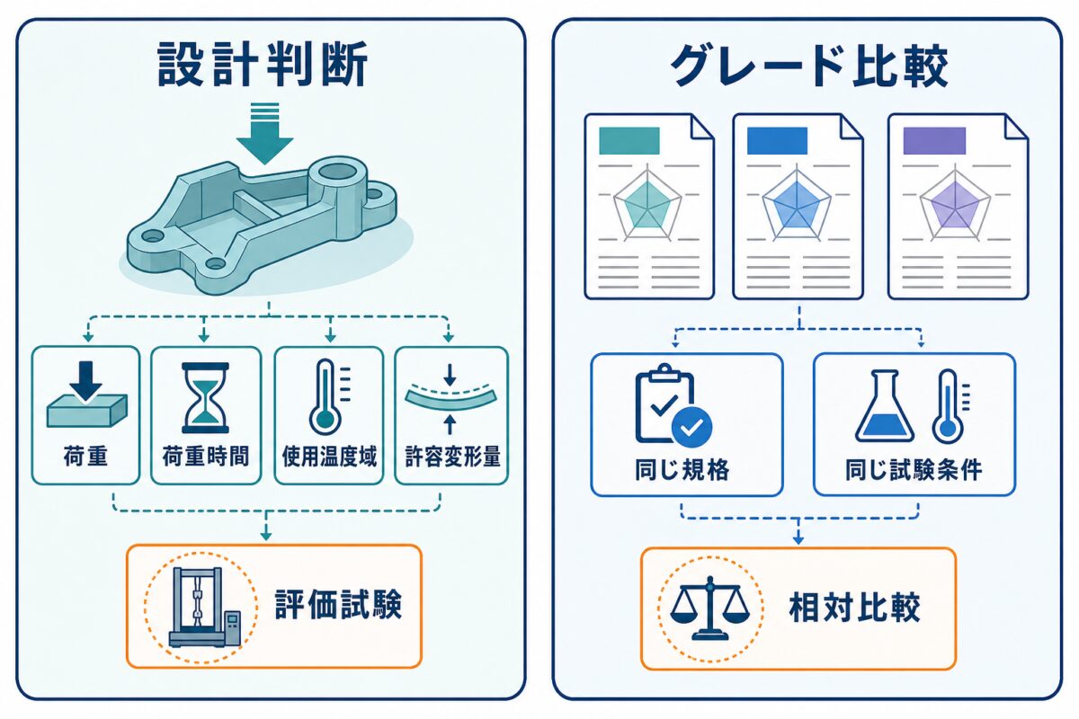 機械特性の値を設計判断とグレード比較で使い分ける際の確認項目を示した図