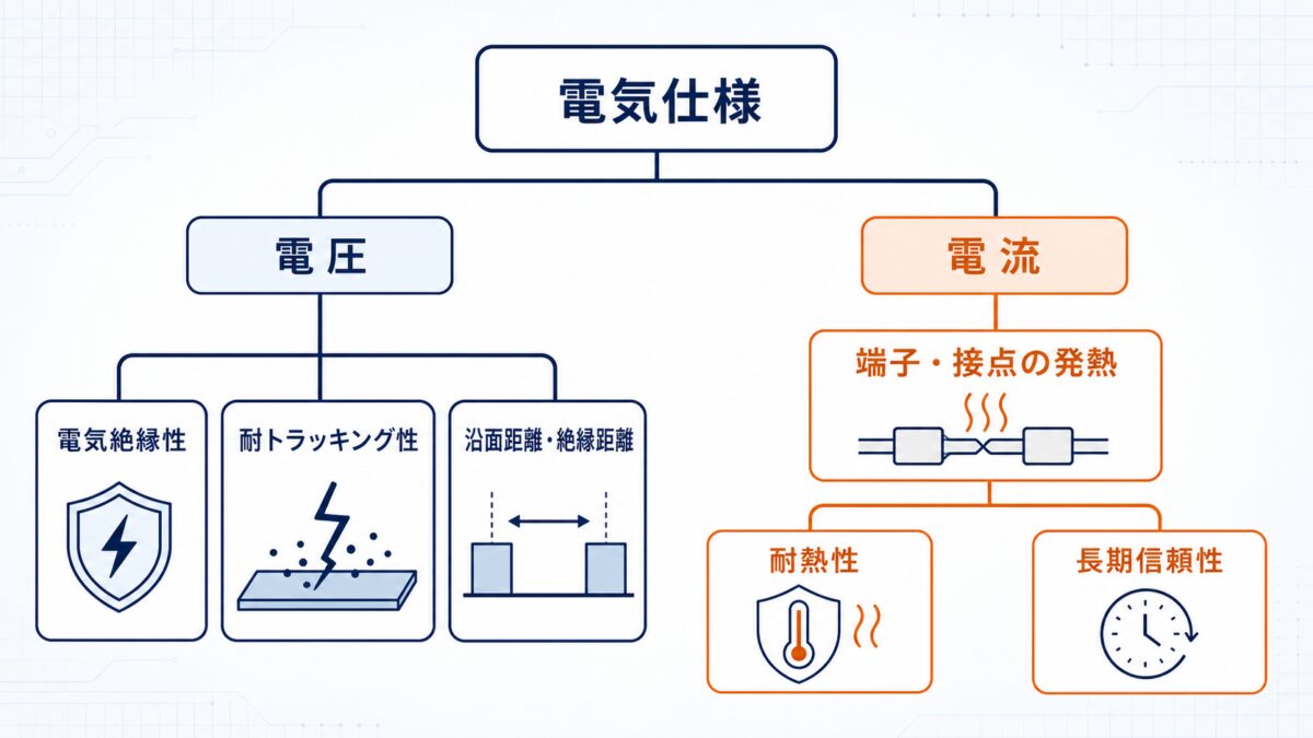 電気仕様を電圧と電流に分け、電圧側に電気絶縁性、耐トラッキング性、沿面距離・絶縁距離、電流側に端子・接点の発熱、耐熱性、長期信頼性を配置した図。