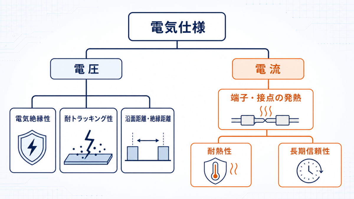電気仕様を電圧と電流に分け、電圧側に電気絶縁性、耐トラッキング性、沿面距離・絶縁距離、電流側に端子・接点の発熱、耐熱性、長期信頼性を配置した図。