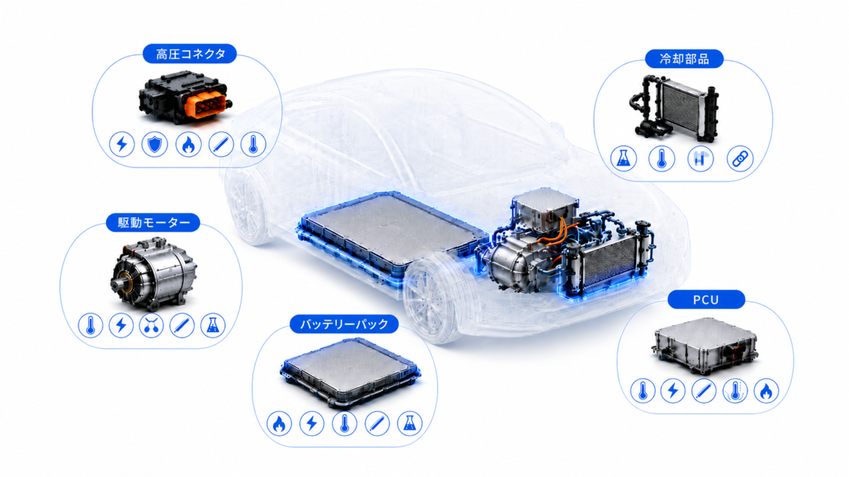 xEVの透明な車体シルエット上に、バッテリーパック、駆動モーター、PCU、高圧コネクタ、冷却部品を配置し、各部品に求められる代表的な要求特性をアイコンで示した俯瞰図。