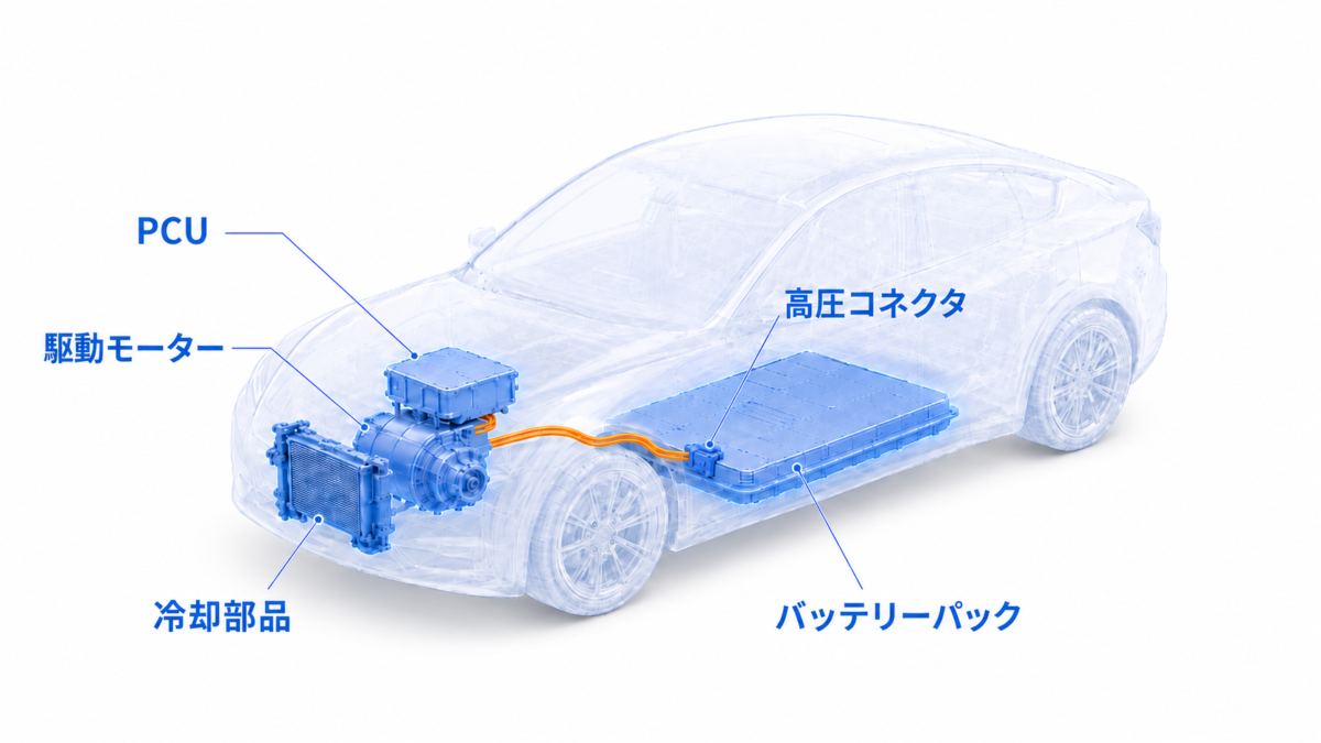 xEVの透明な車体内で、床下中央のバッテリーパック、前方の駆動モーター、PCU、冷却部品、バッテリーパック側面の高圧コネクタの位置関係を示したナビゲーション図。