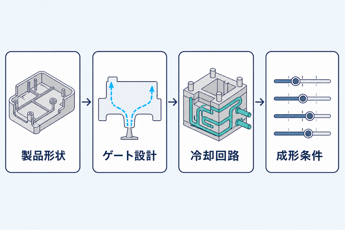 そり変形の懸念を製品形状、ゲート設計、冷却回路、成形条件の順に確認する流れ