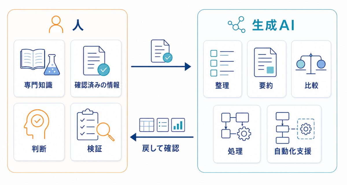 人が専門知識・確認済み情報・判断・検証を担い、生成AIが整理・要約・比較・処理・自動化支援を担う役割分担図