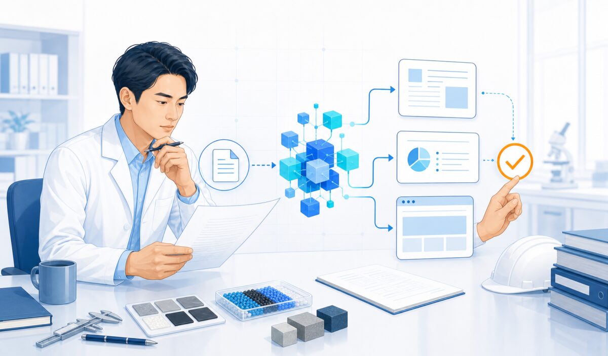技術者がもとになる文章を確認し、生成AIで複数の社内資料の形へ展開するイメージ