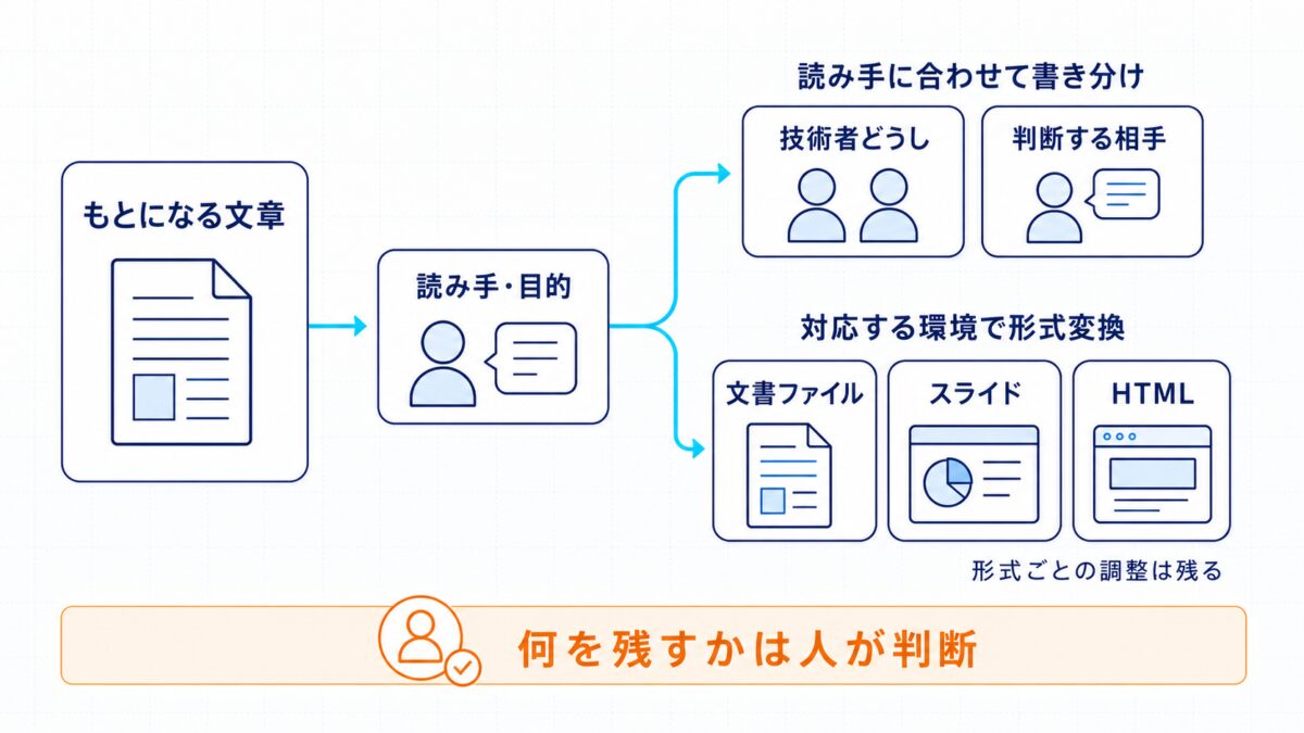 もとになる文章から読み手別の書き分けと形式変換へ分岐し、残す内容は人が判断する図